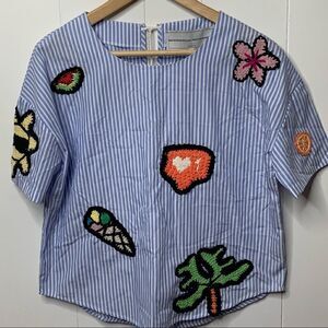 Michaela Bueger Top Striped Cotton Cashmere Crocheted Appliques Blue White XS